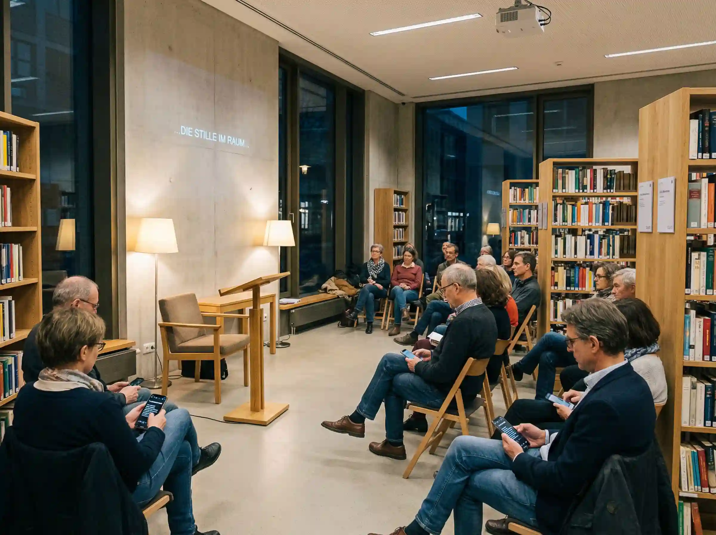 Veranstaltungsraum mit Live-Übersetzung auf dem Beamer