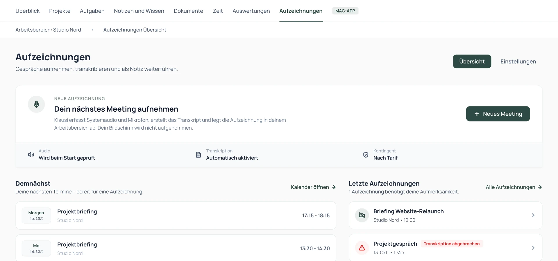 Das Gespräch bleibt bei deinem Projekt. Produktansicht mit Beispieldaten.