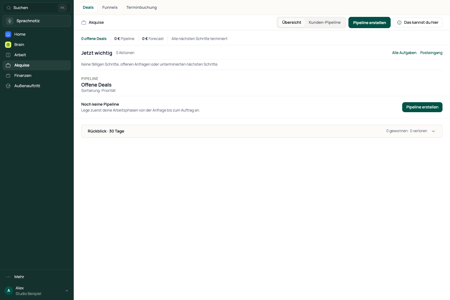 Acquisition overview with open deals and the create pipeline action.