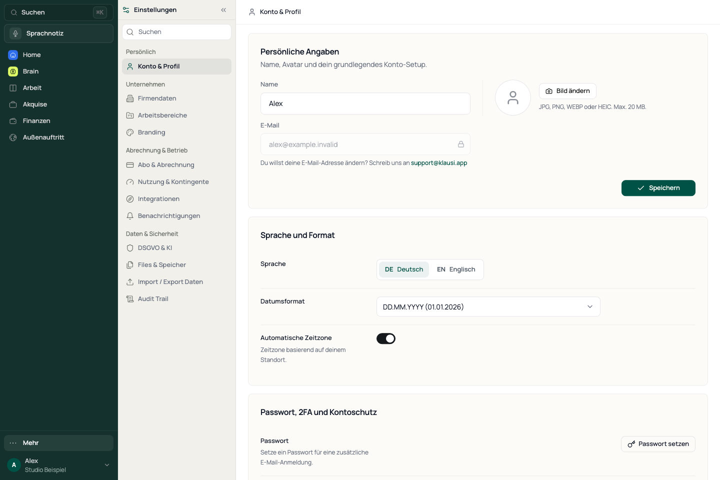 Settings with section navigation, account details and language settings.