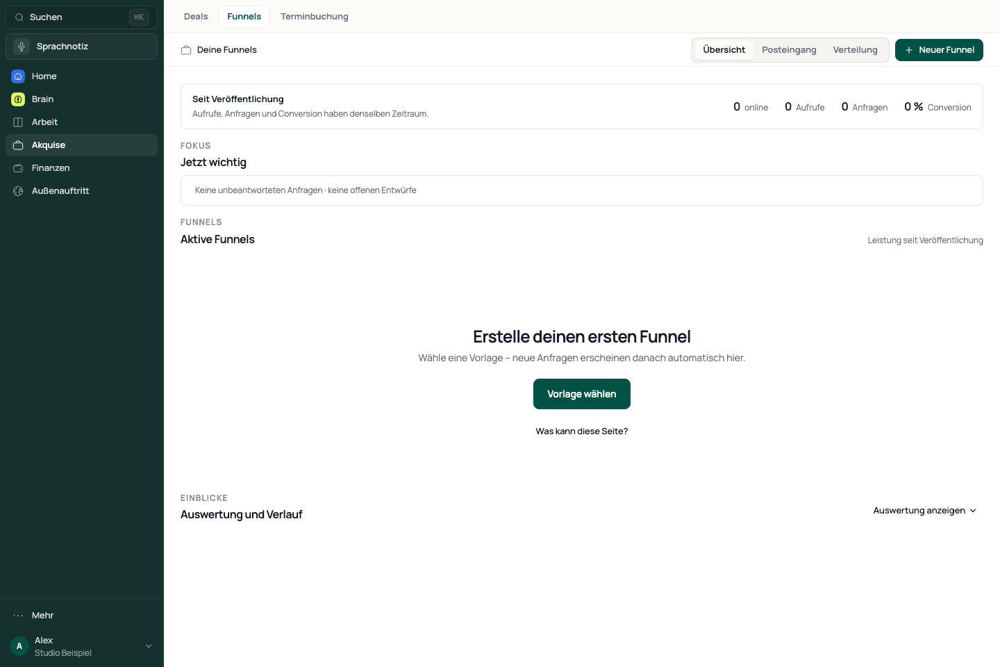 Funnel overview with inbox, distribution and template selection.