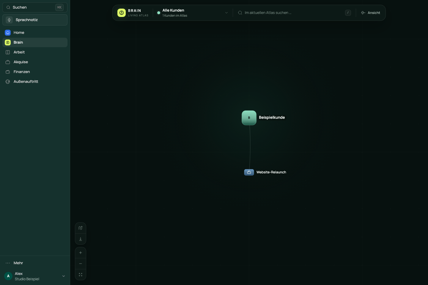 Brain with connected client and project nodes and its toolbar.