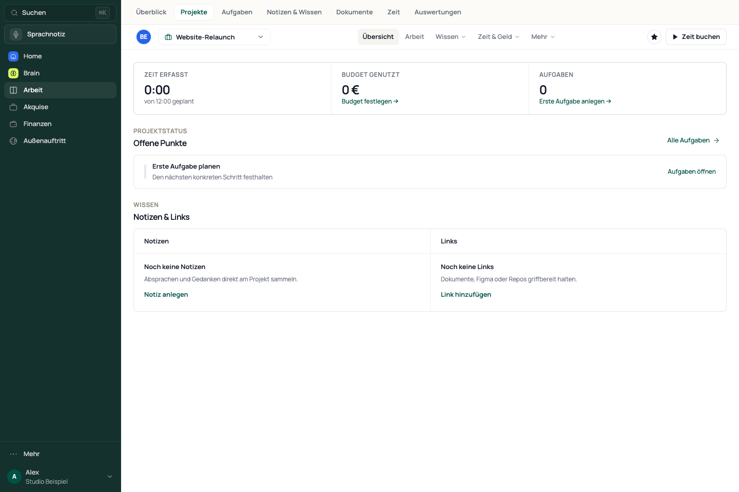 Project overview with its five work areas and the More menu.