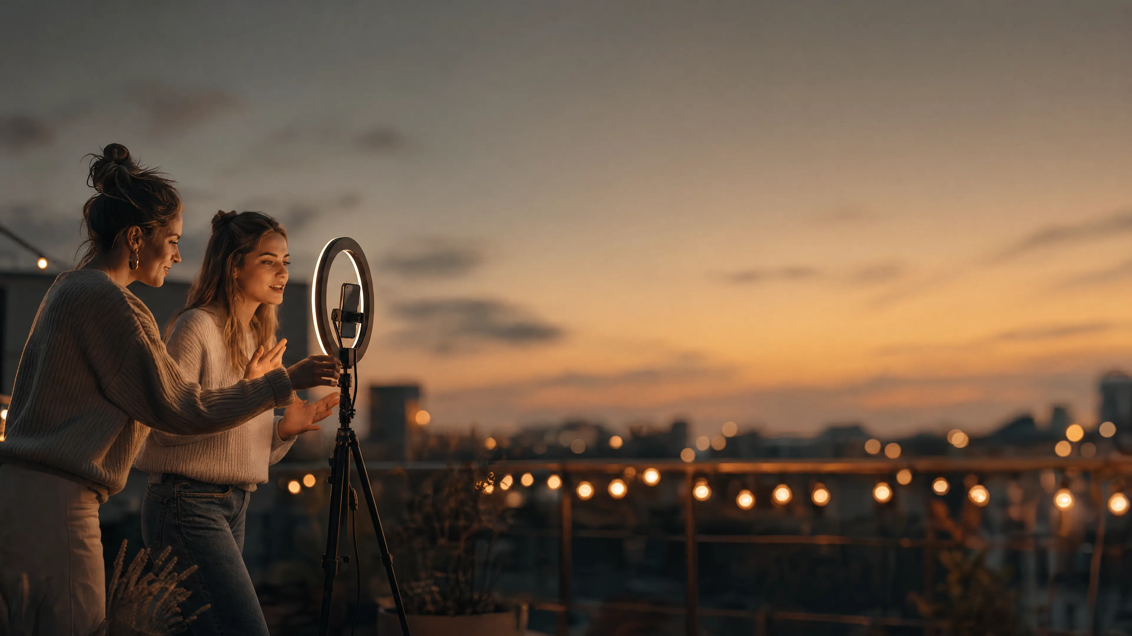 Two creators film a video with a ring light and smartphone on a rooftop terrace in the evening