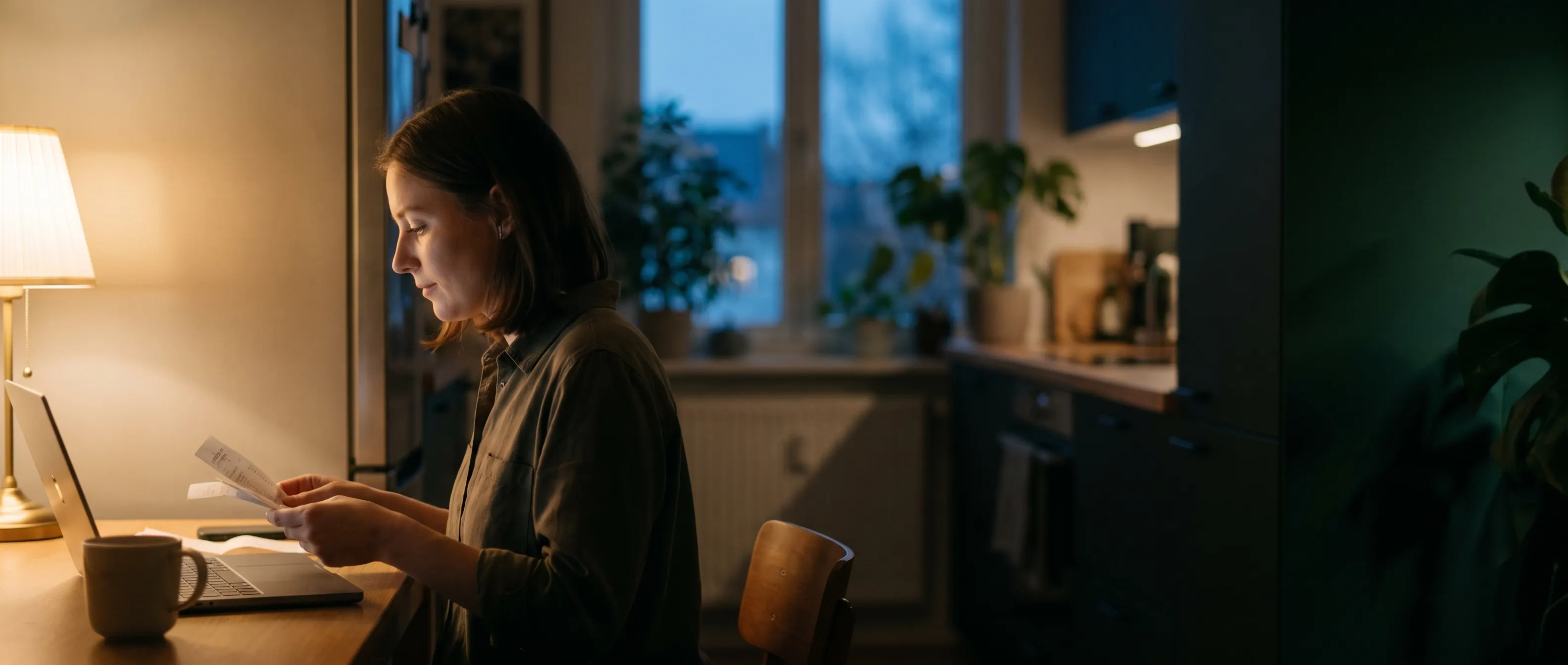 Eine Freelancerin sortiert abends am Küchentisch Belege neben zugeklapptem Laptop und Kaffeetasse
