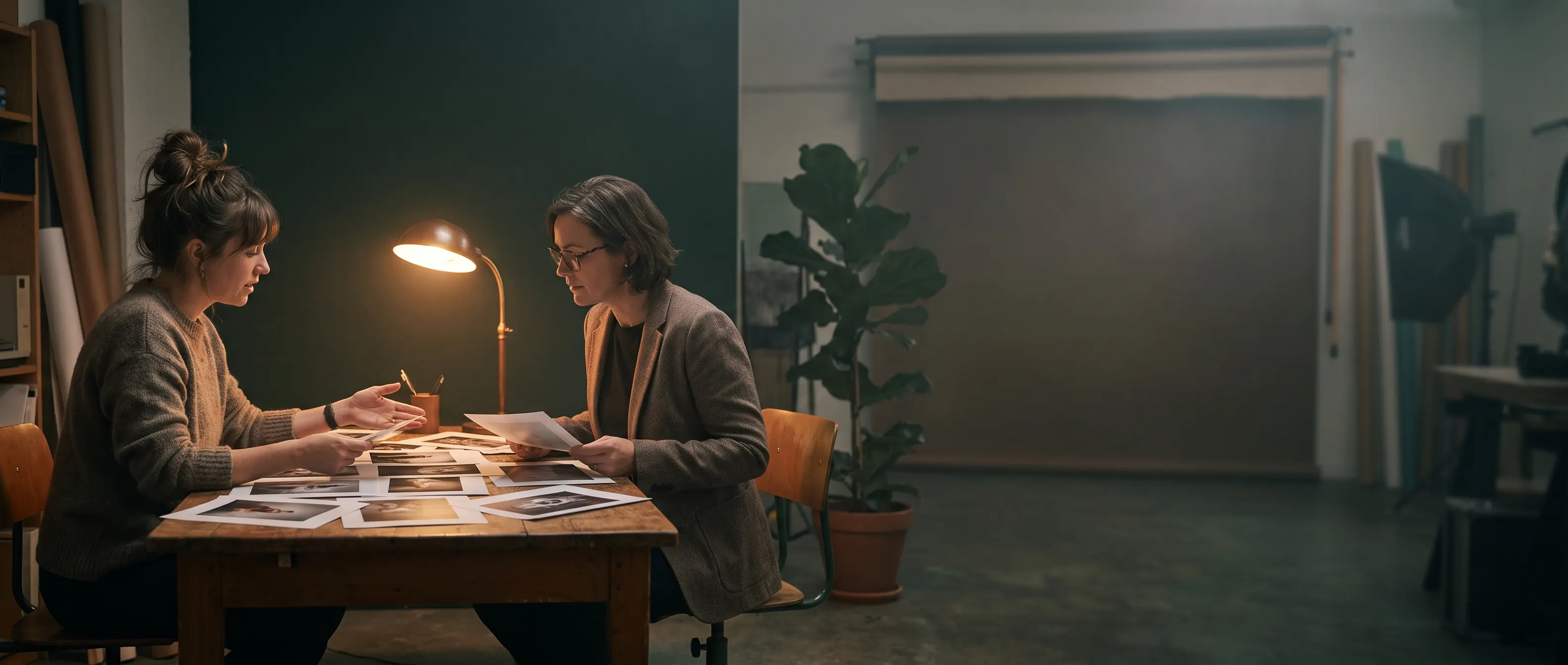 A photographer shows a client printed pictures across a wooden table
