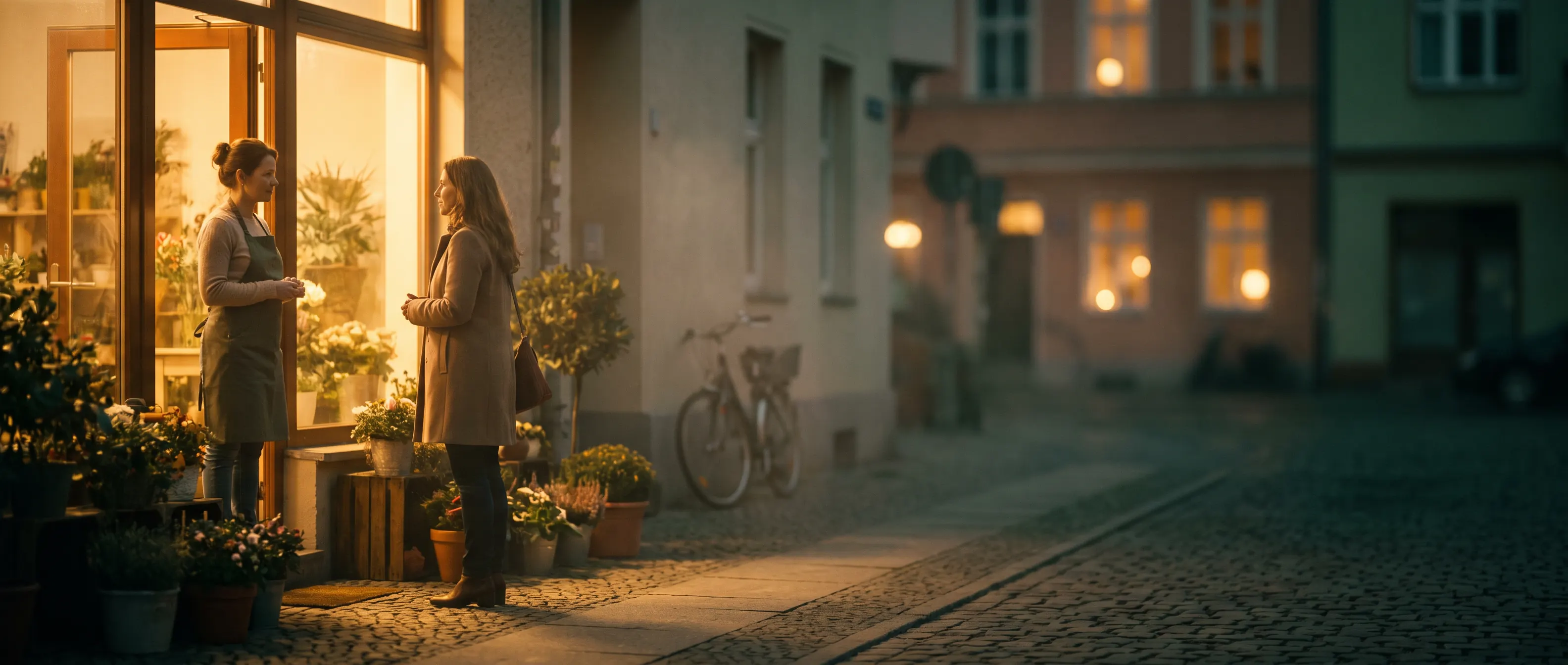 A florist talks with a customer outside her flower shop in the evening