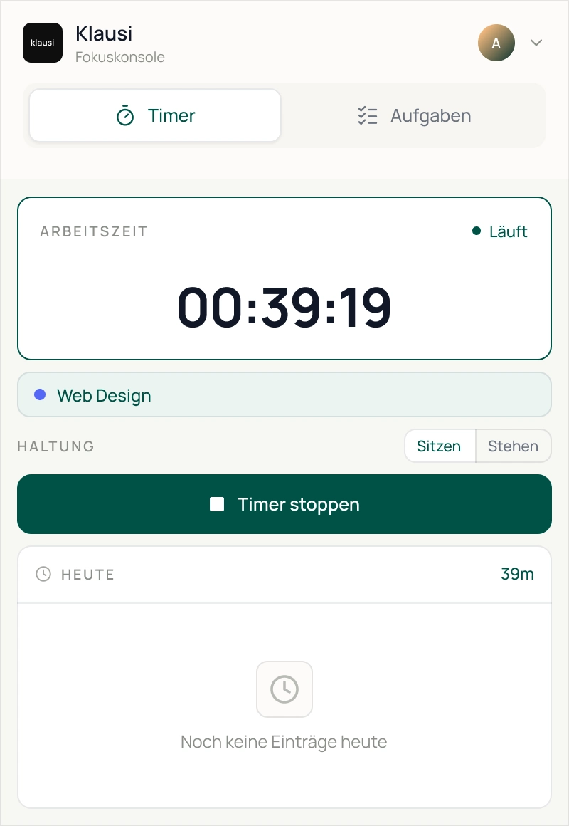 Klausi Chrome Extension mit laufendem Timer, Projekt und heutigem Zeitstatus
