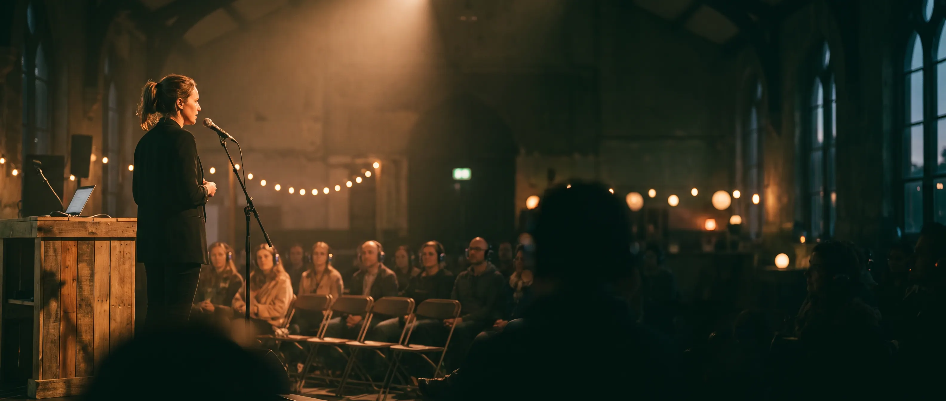 A speaker stands on a small stage in the evening in front of an audience wearing headphones