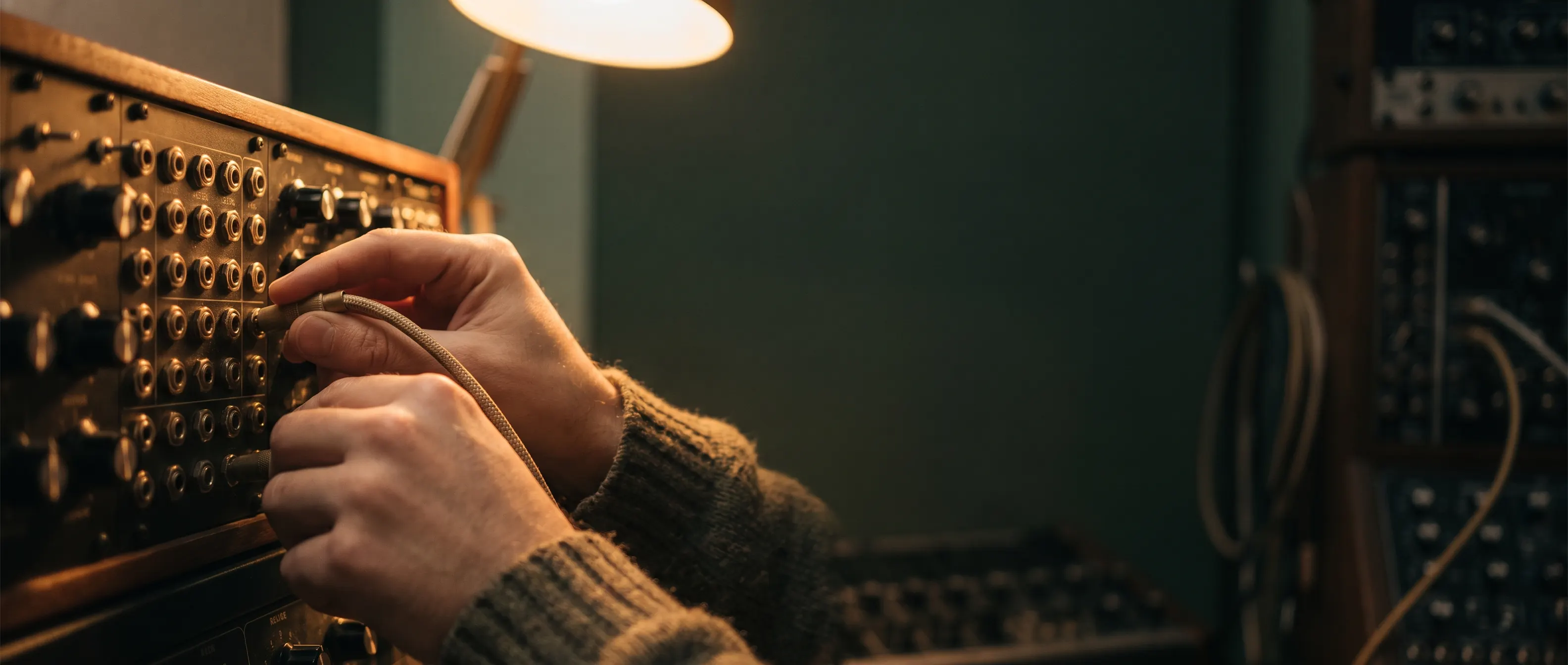 Zwei Hände verbinden Patchkabel an einem analogen Audio-Modul