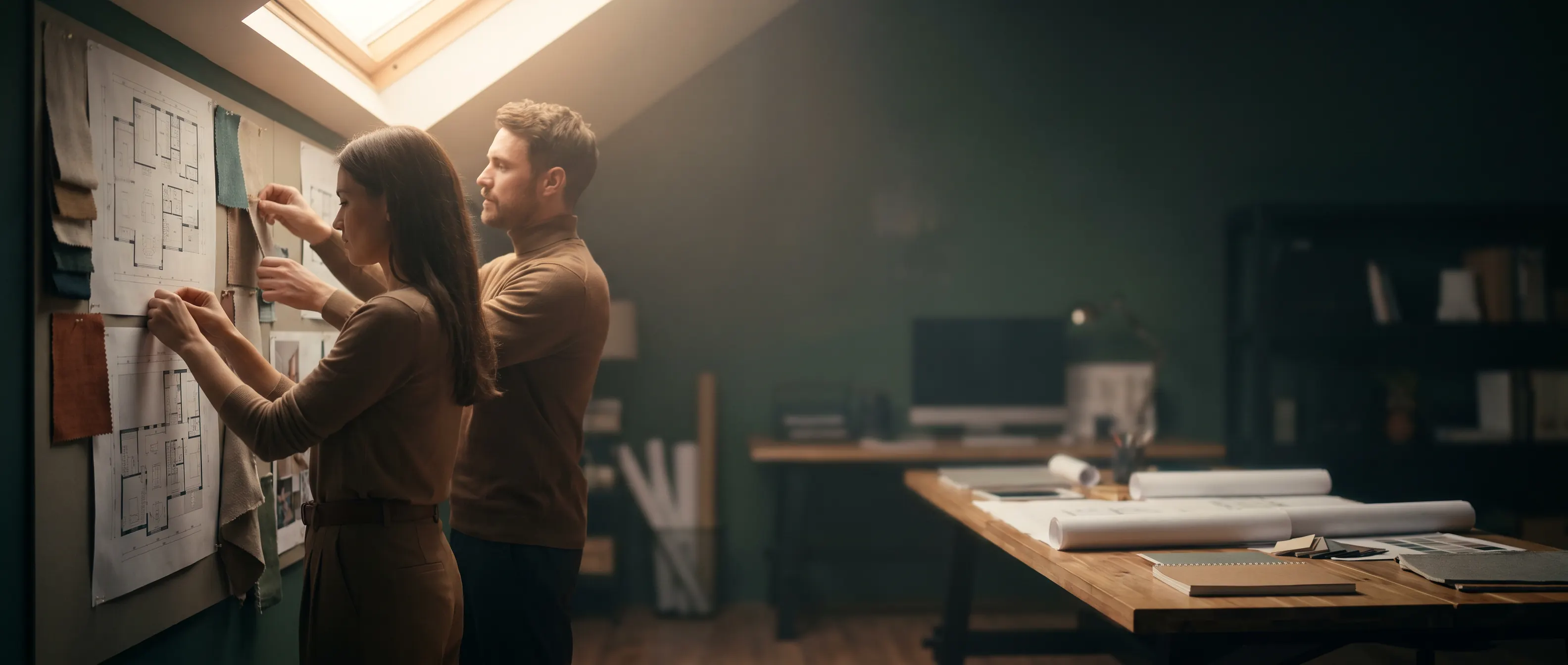 An architect discusses building plans with a client at a studio wall