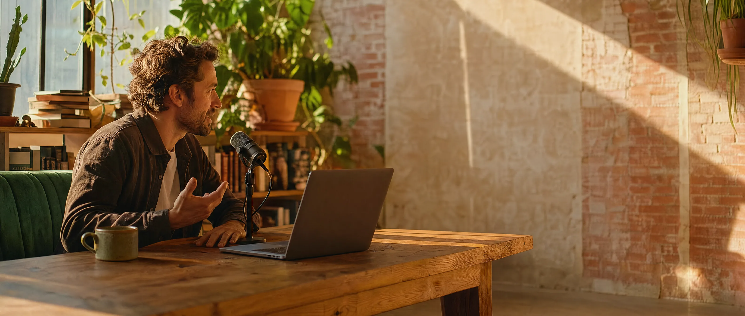 A man sits at a wooden table in a sunlit loft, speaking into a desk microphone
