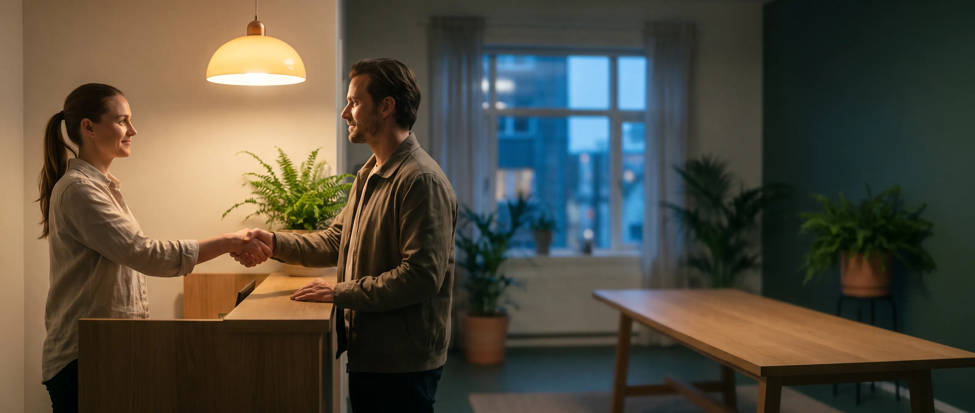 A physiotherapist greets a client at the reception of her practice in the evening