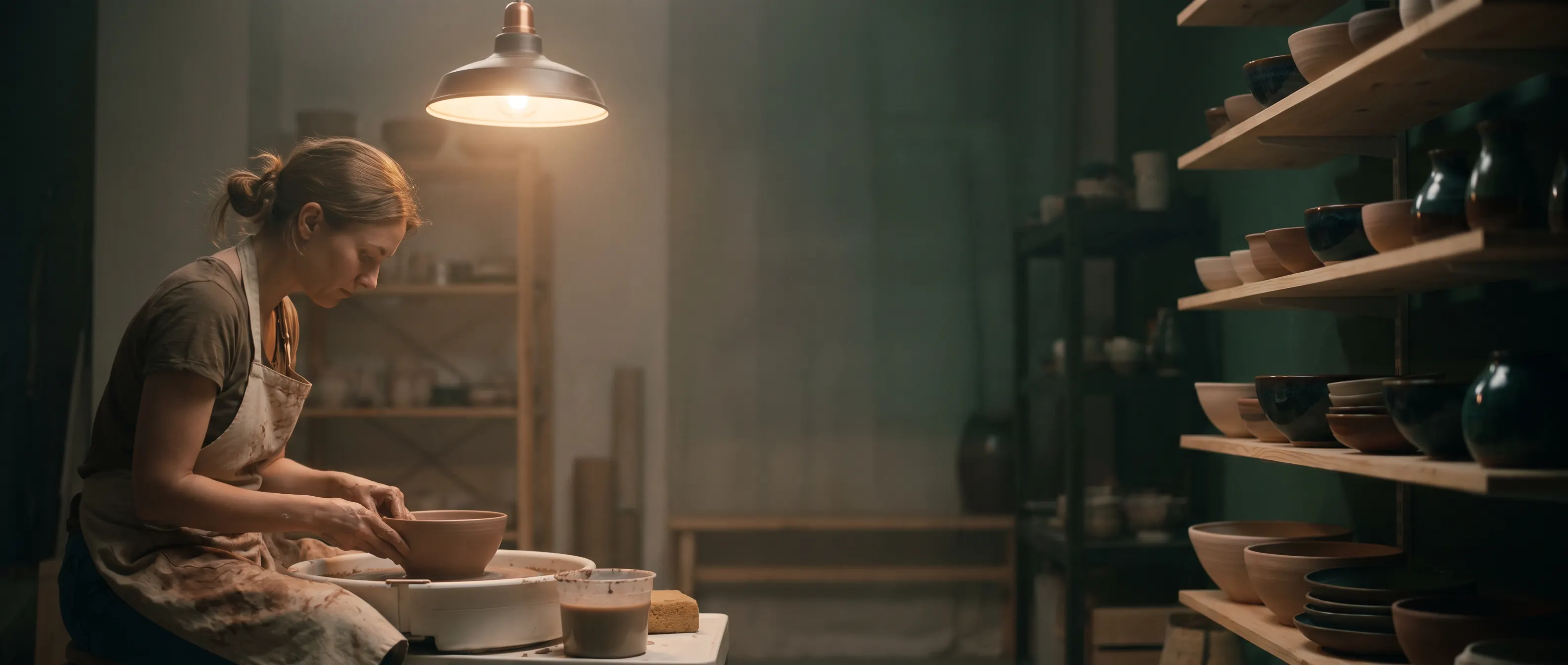 A ceramicist works at her pottery wheel in her studio in the evening