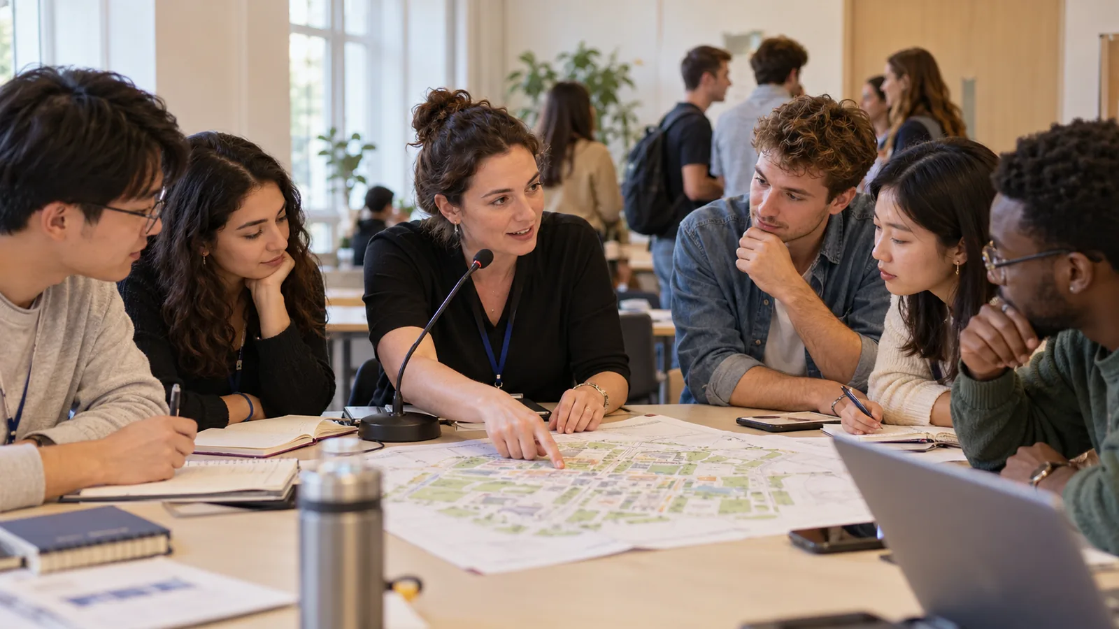 Adult exchange students discuss an orientation map with a facilitator around a seminar table.