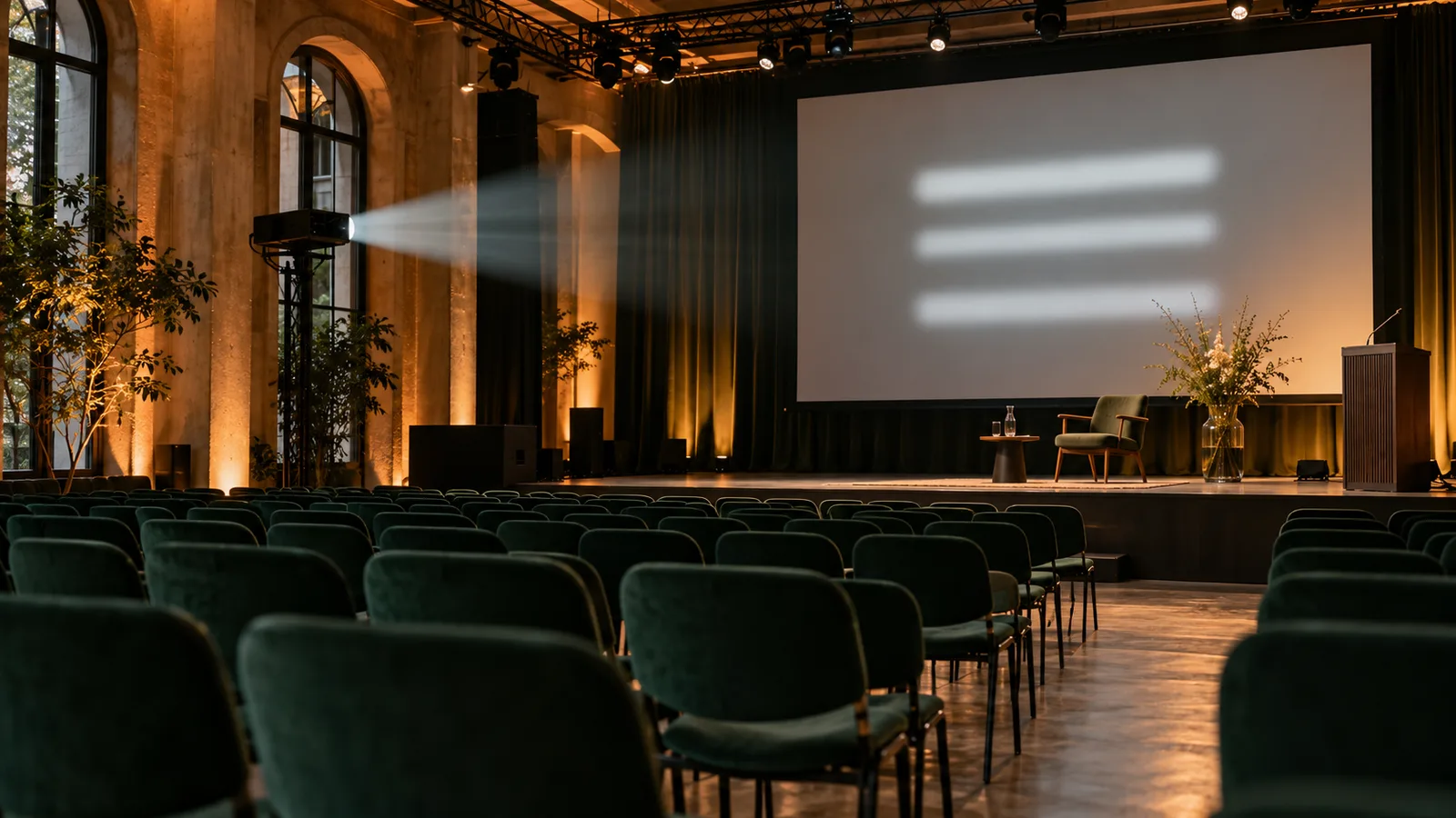 An empty auditorium with seating and a lit projection screen beside the stage.