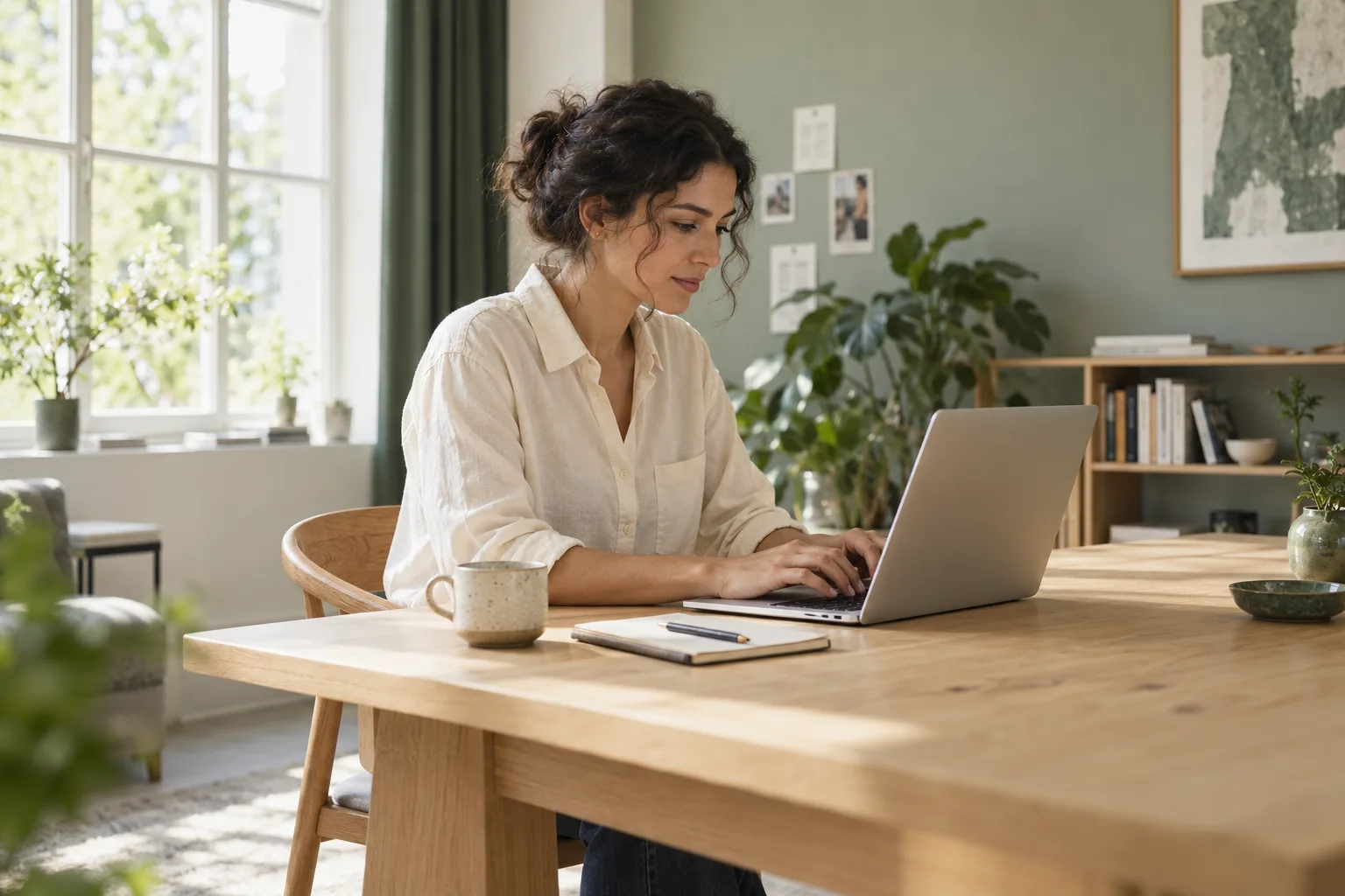 A freelancer working on her laptop in a bright, modern studio